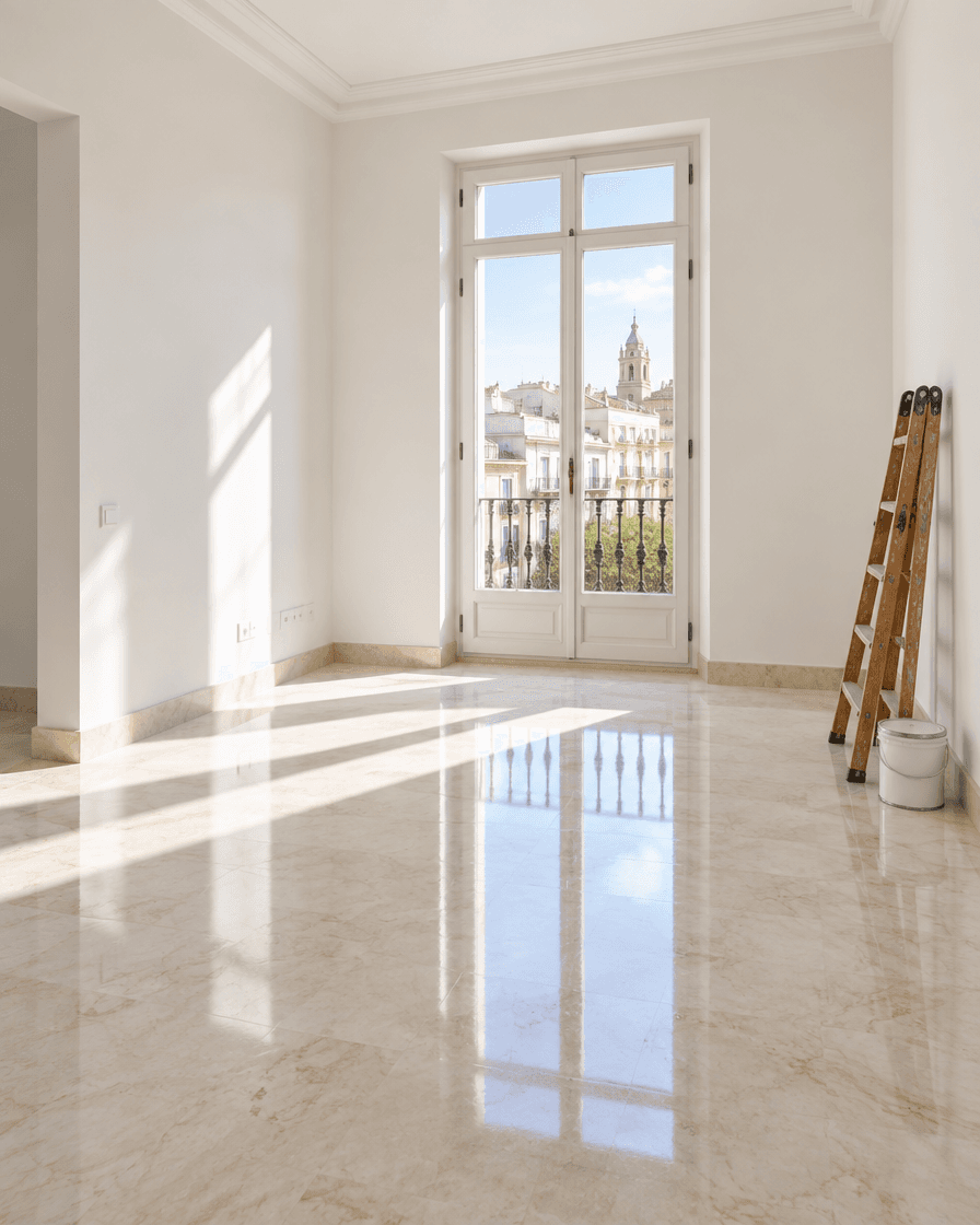 Habitación recién reformada y vacía, con el suelo brillante y una escalera de madera apoyada en la pared