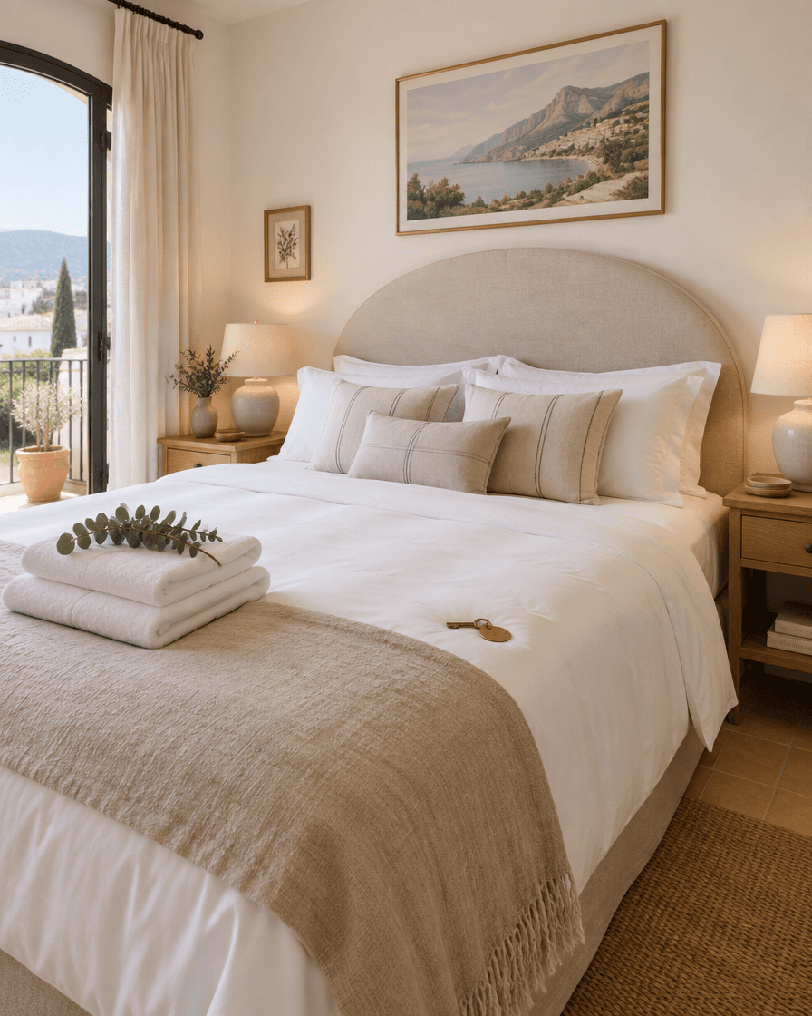 Dormitorio de apartamento turístico con la cama recién hecha, toallas dobladas y una llave sobre el edredón