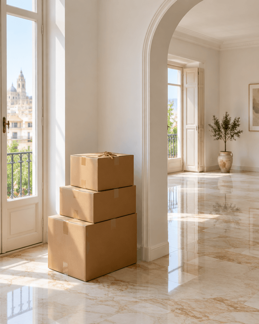 Piso vacío y luminoso con cajas de mudanza cerradas y unas llaves junto a una puerta en arco